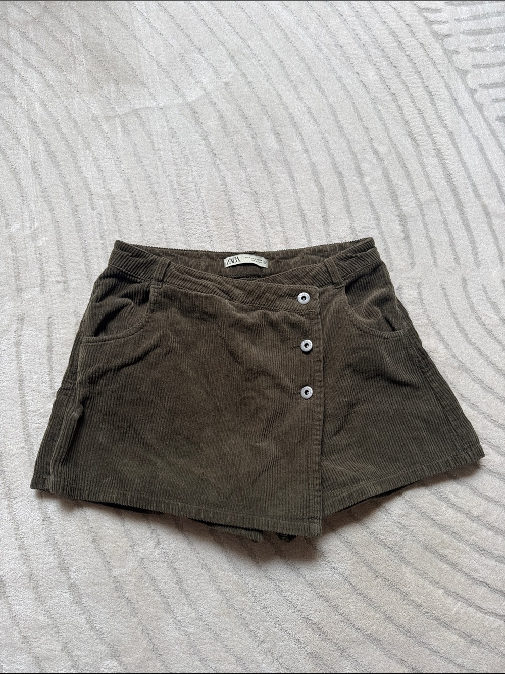 Zara Olive Corduroy Skort with Asymmetric Button Front